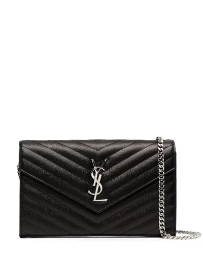 Saint Laurent Monogram Leather Wallet On Chain In Black