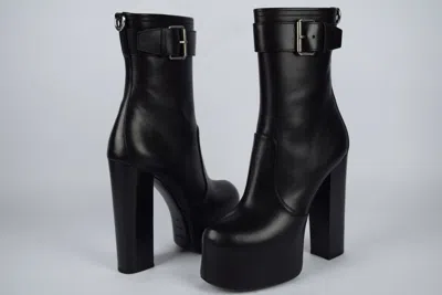 Pre-owned Saint Laurent Womens Ysl  Mina 95 Black Platform Leather Boots Sz 40 Buckle