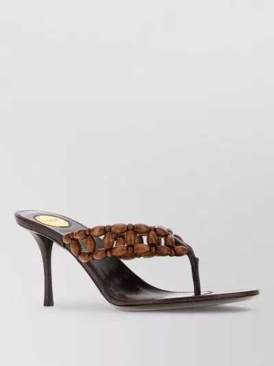 Saint Laurent Wood Zina Thong Mules Beaded Strap In Brown