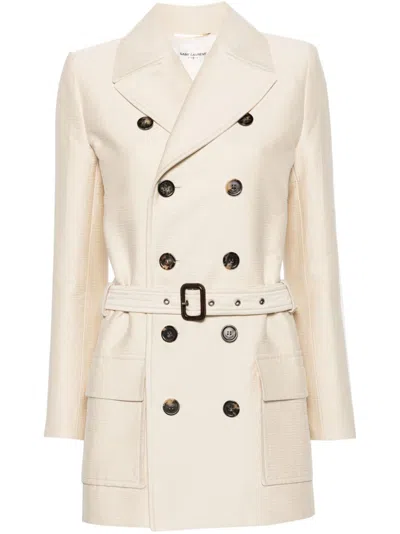 Saint Laurent Double-breasted Belted Cotton And Wool-blend Tweed Jacket In Craie Vintage