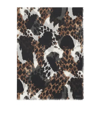 Saint Laurent Wool Animal-print Stole In Brown