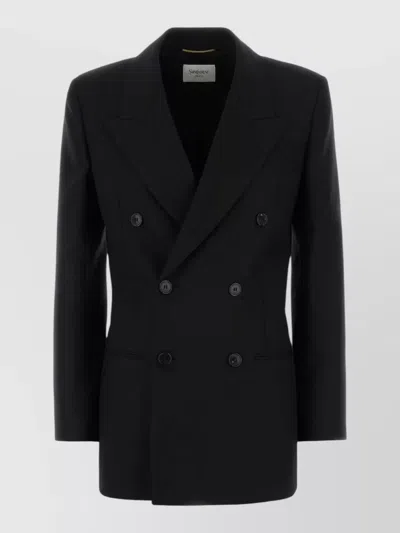 Saint Laurent Wool Blazer Longline Silhouette Structured Shoulders In Black