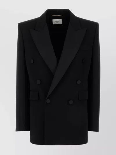 SAINT LAURENT WOOL BLAZER WITH BUTTON DETAILING AND PEAK LAPEL