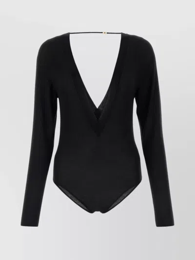 Saint Laurent Wool Blend Bodysuit With Long Sleeves And V-neckline In Black