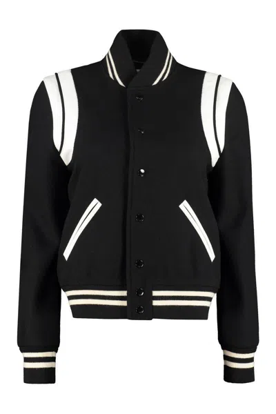 Saint Laurent Teddy Leather-trimmed Recycled Wool-blend Bomber Jacket In Black