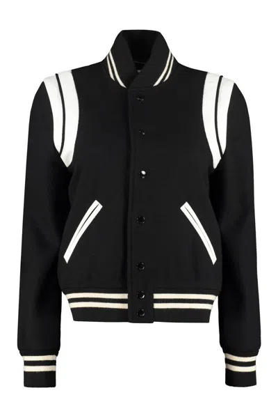 Saint Laurent Wool-blend Bomber Jacket In Black