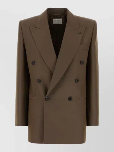 Saint Laurent Wool Blend Double Breasted Oversized Blazer In Brown