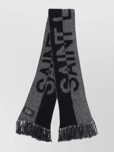 SAINT LAURENT WOOL BLEND LOGO SCARF WITH FRINGE TRIM