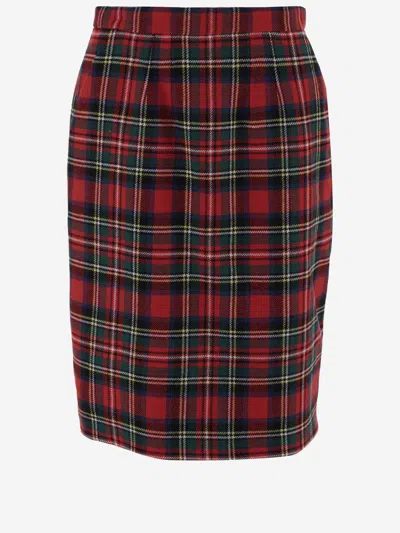 Saint Laurent Wool Blend Skirt With Check Pattern In Rouge Multico