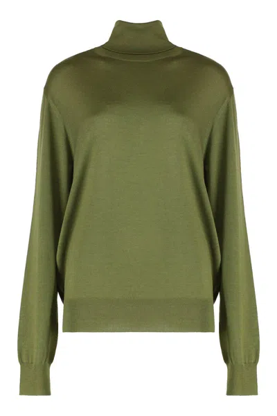 Saint Laurent Turtleneck Sweater With Long Sleeves And Ribbed Edges In Green