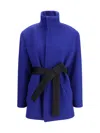Saint Laurent Wool Boxy Belted Coat In Blue
