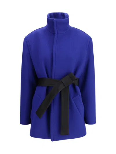 Saint Laurent Wool Boxy Belted Coat In Blue
