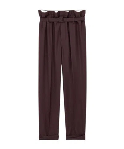 Saint Laurent Virgin Wool Paperbag Slim Trousers In Brown