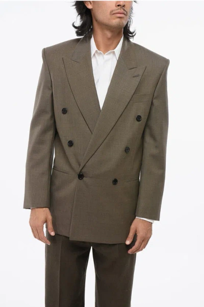 Saint Laurent Wool Center Vent Peak Lapel Double-breasted Blazer In Multi