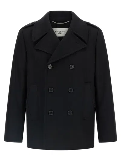 Saint Laurent Wool Coat In Black
