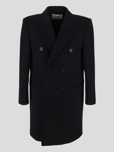Saint Laurent Wool Coat Black Peak Lapels Long Sleeves