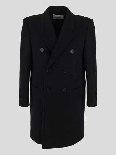 Saint Laurent Wool Coat Black Peak Lapels Long Sleeves