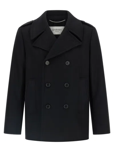 SAINT LAURENT WOOL COAT COATS AND TRENCH COATS BLACK