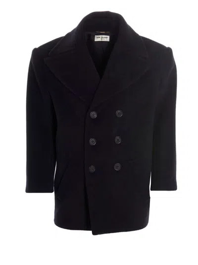Saint Laurent Wool Double Breast Coat In Black