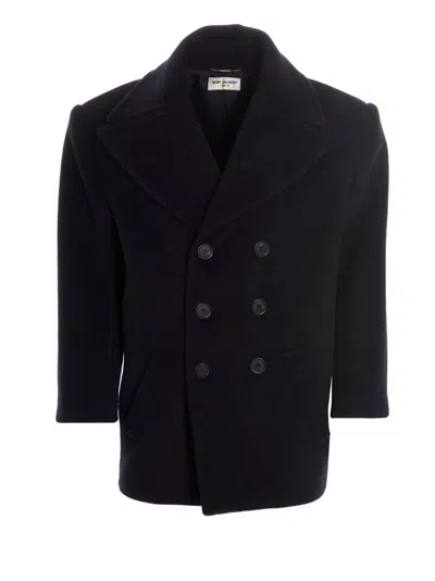 Saint Laurent Double-breasted Wool Coat In Blue