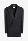 Saint Laurent Long Navy Blue Wool Gabardine Coat In Blue