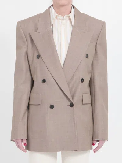Saint Laurent Wool Double-breasted Jacket In Beige