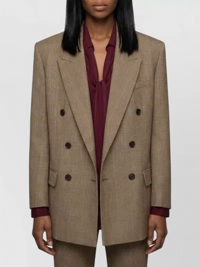 Saint Laurent Wool Double-breasted Houndstooth Glen Plaid Suit Jacket In Beige