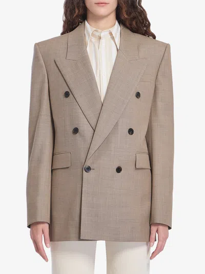 Saint Laurent Wool Doublebreasted Jacket In Sand