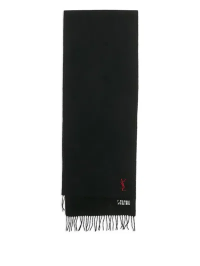 Pre-owned Saint Laurent Wool Fringed Scarf In Black