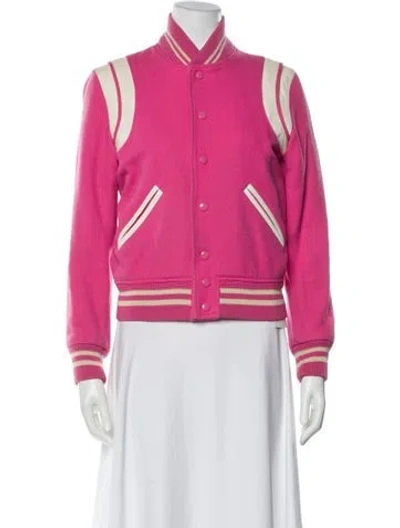 Pre-owned Saint Laurent Wool Graphic Print Bomber Jacket In Pink