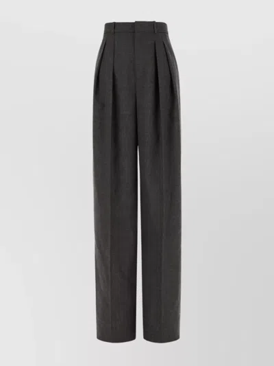 Saint Laurent Wool High Waist Pleated Wide Leg Trousers In Black