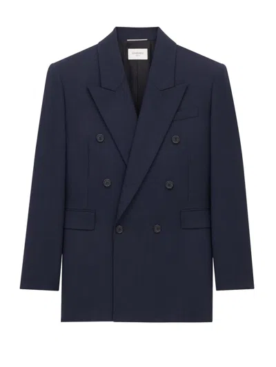 Saint Laurent Wool Double-breasted Jacket In Blue