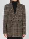 Saint Laurent Brown Double-breasted Jacket With Notched Revers And All-over Check Motif In Wool Woman In Brown