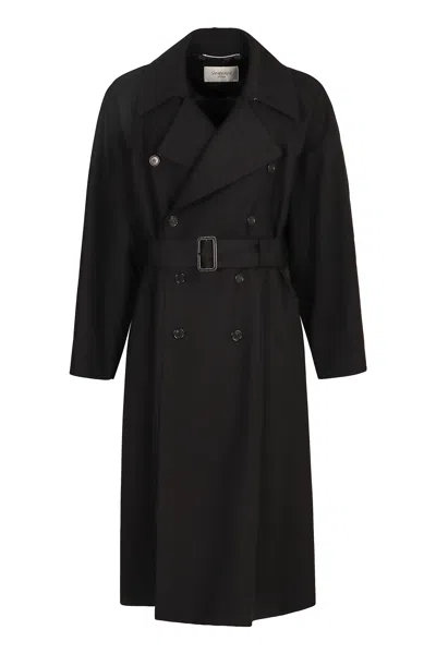 Saint Laurent Wool Long Coat In Black