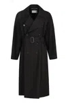 Saint Laurent Long Wool Coat With Belt And Pockets In Multi