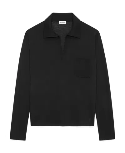 Saint Laurent Logo-embroidered Knitted Polo Shirt In Black