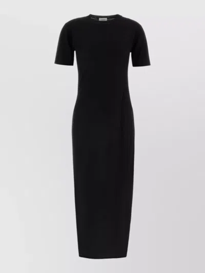 Saint Laurent Wool Midi Dress Short Sleeves Crew Neck In Black