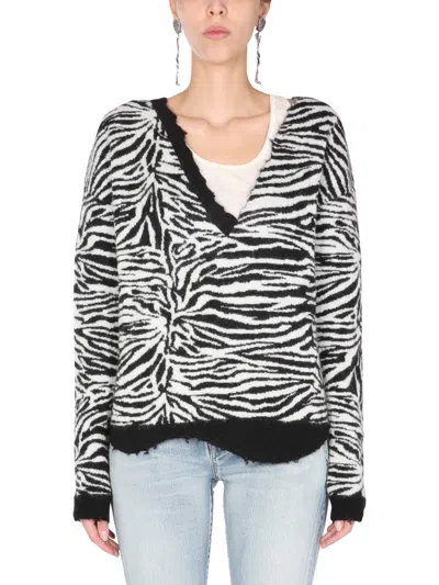 Saint Laurent Wool Mohair Blend Zebra-pattern Ripped Jumper In Multi