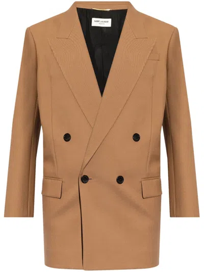 Saint Laurent Double-breasted Wool-gabardine Blazer In Brown
