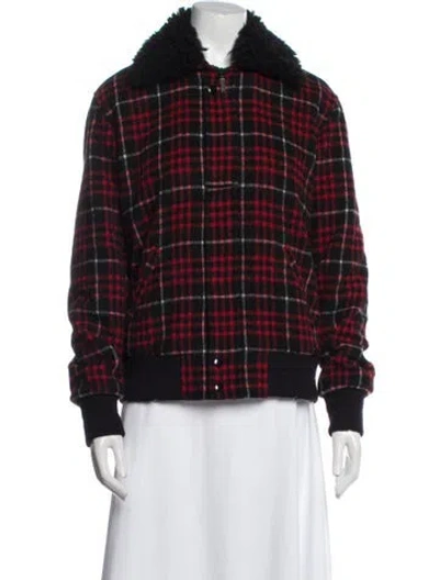 Pre-owned Saint Laurent Wool Plaid Print Fur Jacket In Red