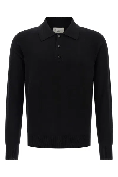 Saint Laurent Wool Polo Shirt Cuffs Ribbed In Black