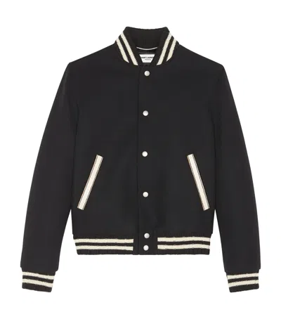 Saint Laurent Teddy Logo Patch Wool Blend Bomber Jacket In Noir