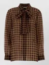 Saint Laurent Wool Shirt Jacket Bow Detail Checks In Brown