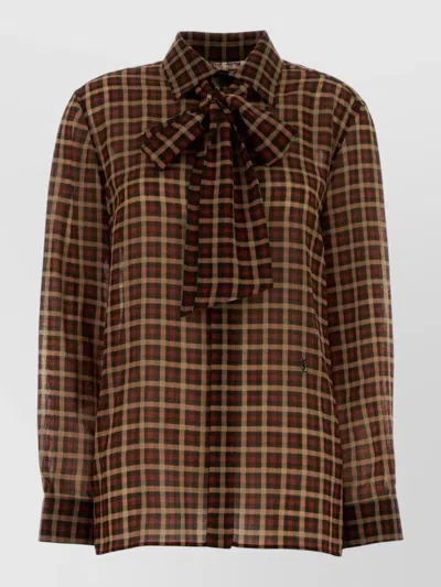 Saint Laurent Wool Shirt Jacket Bow Detail Checks In Brown