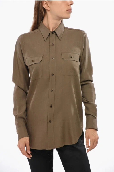 Saint Laurent Wool Shirt With Double Breast Pockets In Brown