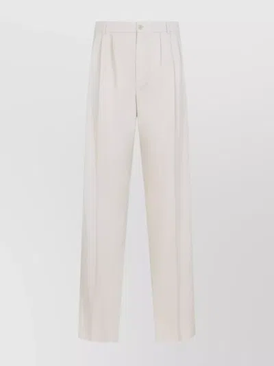 Saint Laurent Wool Straight Leg Pants With Front Pleats In White