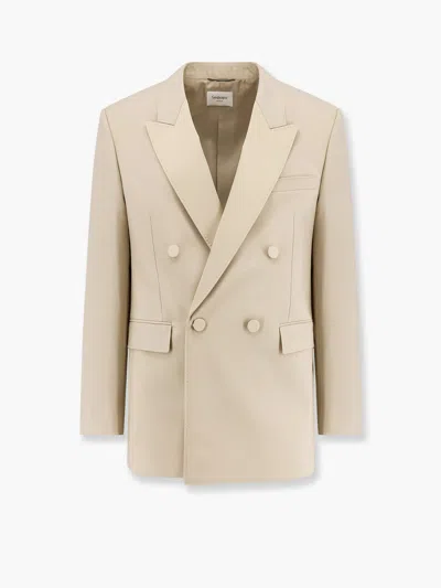 Saint Laurent Double-breasted Blazer With Buttoned Cuffs In Beige