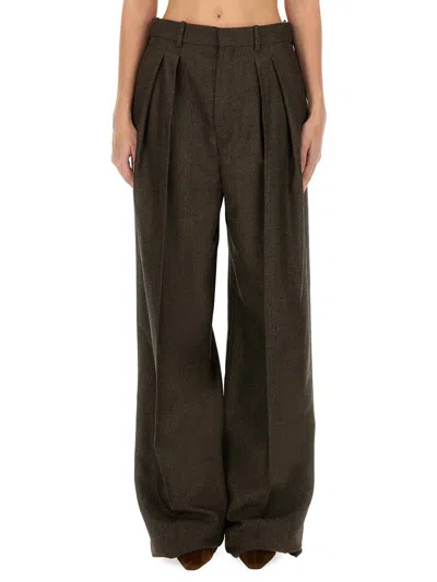 Saint Laurent High Waist Wide Leg Wool Trousers In Brown