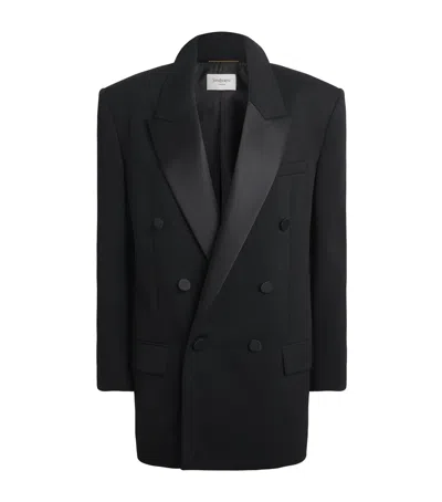 Saint Laurent Wool-silk Double-breasted Blazer In Black