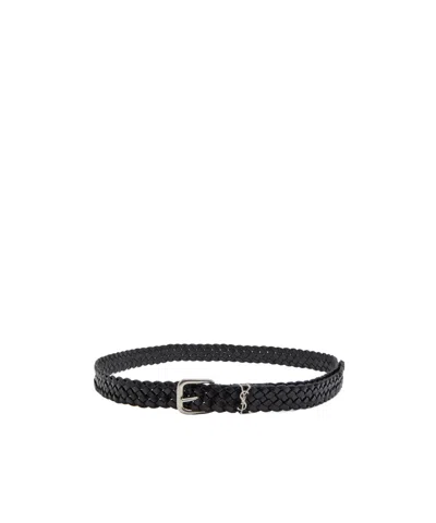 Saint Laurent Woven Leather Belt In Black